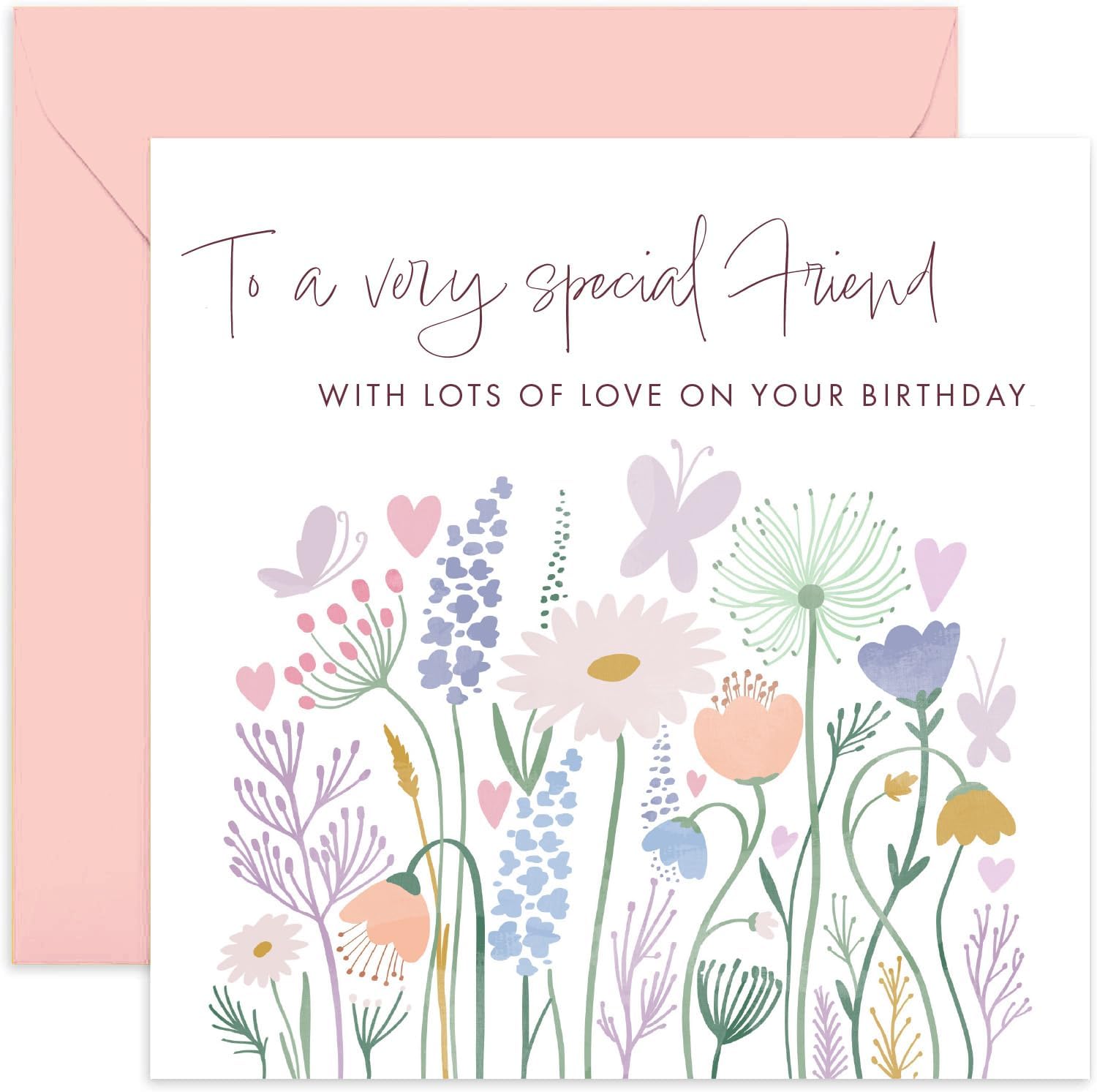 Old English Co. To A Very Special Friend Birthday Card - Flower Butterfly Heart Meadow Happy Birthday Card for Friend | Cute Sweet Pastel Design |