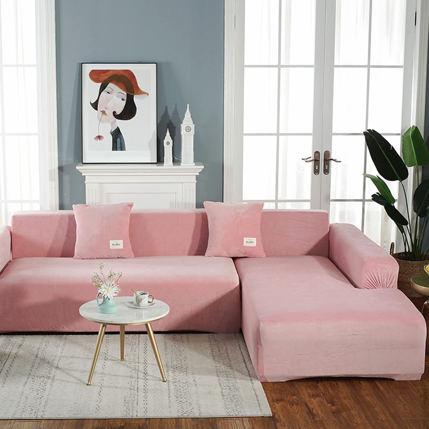 Housse de canapé en peluche forme L rose pour canapé glissant
