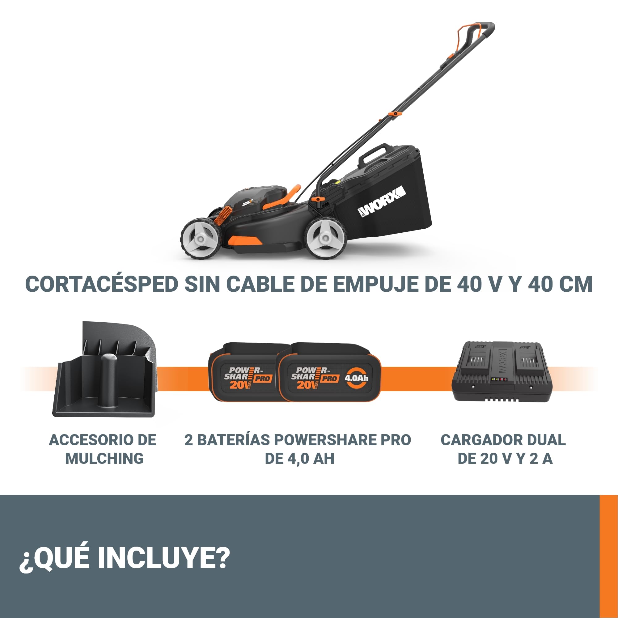 Cortacésped eléctrico sin Cable Worx 40cm, WG734E, Batería PowerShare Pro de 40V con 2pcs de 4,0 Ah