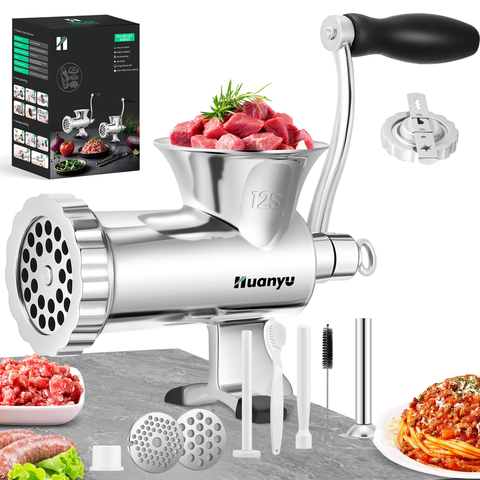 Huanyu Hachoir à viande manuel robuste en acier inoxydable avec accessoires de fabrication de biscuits (NO.12S)