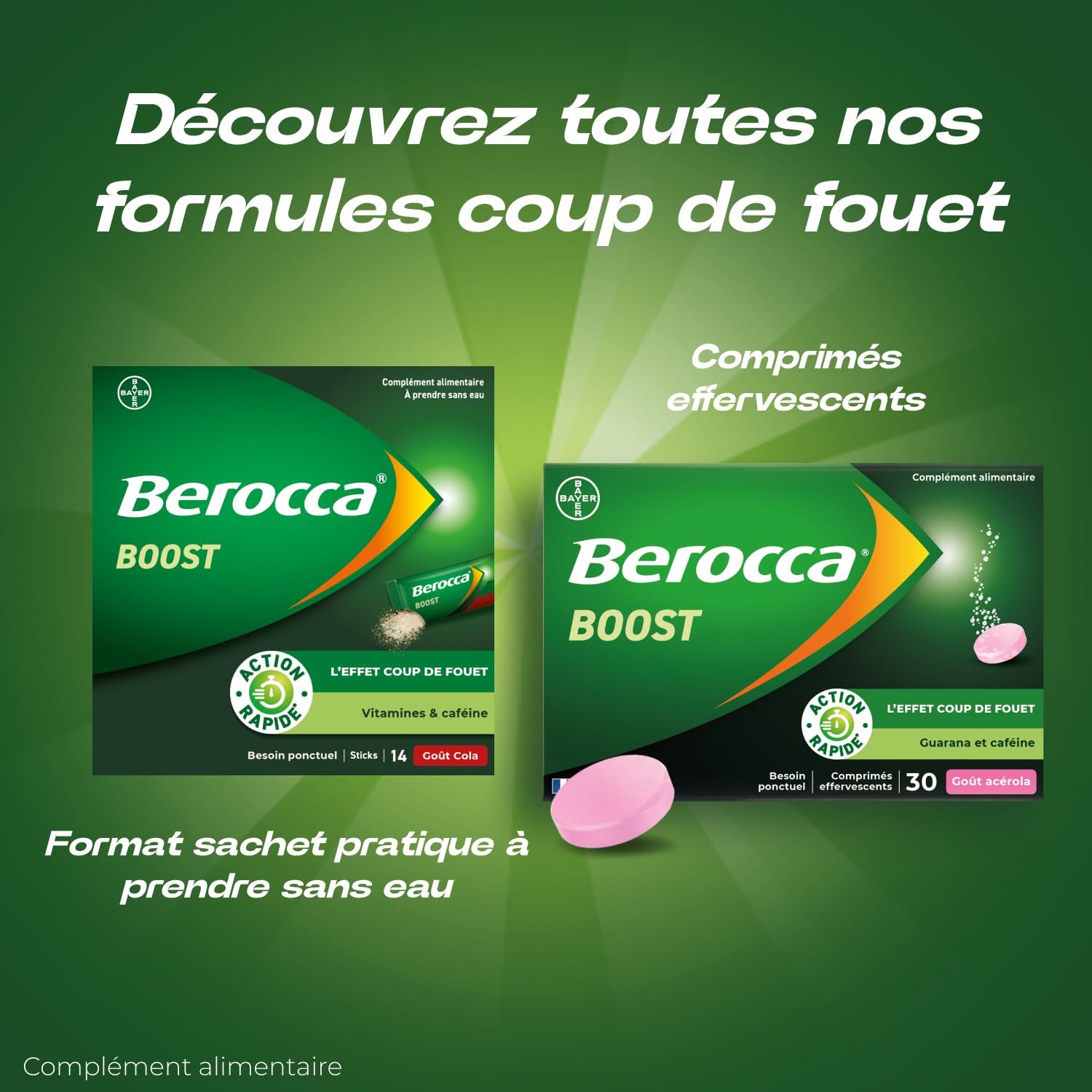 Berocca® Boost - Effet coup de fouet - Aide à réduire la fatigue -Vitamine B12, Guarana, Caféine, Vitamine C et Magnésium, Goût Acérola - Complément Alimentaire - 2x30 cp effervescents