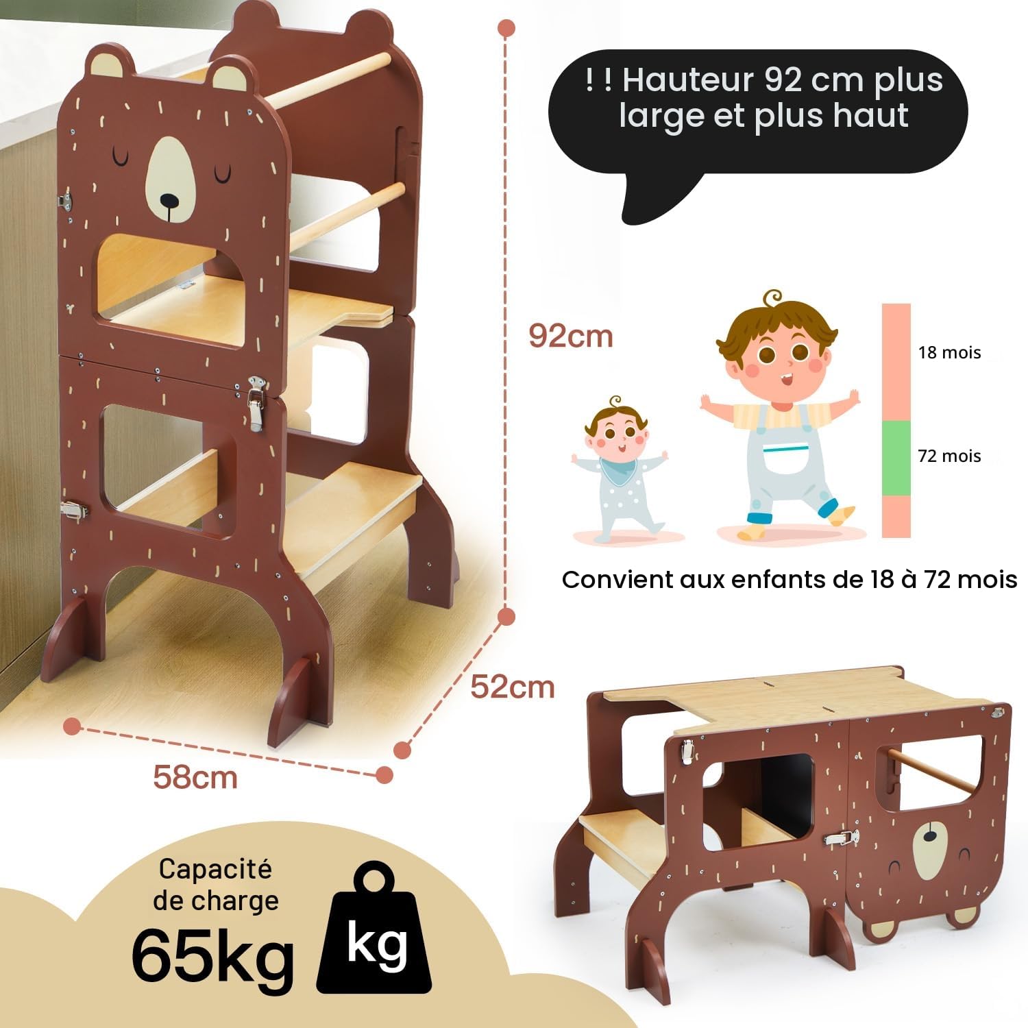 Labebe Tour d Observation Enfant, Grande Taille Tour d'observation Montessori 1-3 Ans,Tour Montessori multifonctionnelle 3 en 1 - l'ours Brun