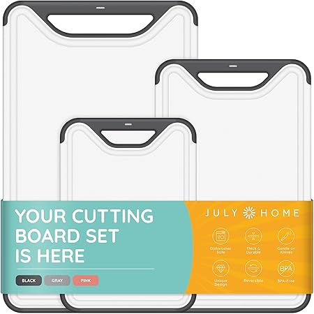 Cutting Boards for Kitchen - Plastic Cutting Board Set of 3, Dishwasher Safe Cutting Boards with Juice Grooves, Thick Chopping Boards for Meat, Veggies, Fruits, Easy Grip Handle, Non-Slip (Black)