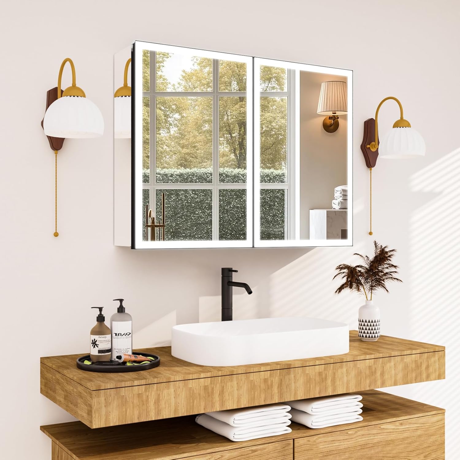 Medicine Cabinet Mirror with Lights, LED Aluminum Bathroom Mirror Cabinet with Sockets & USBs, Anti-Fog/Light Adjustment/Color Adjustment (36 x 26, Black)