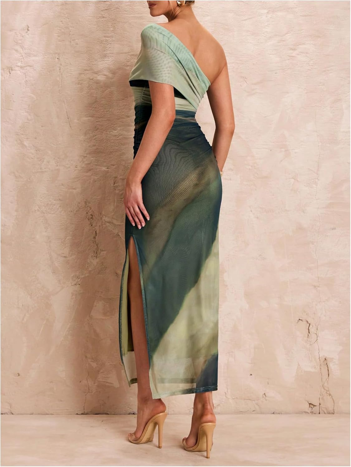 Floerns Women's Summer One Shoulder Long Dress Tie Dye Mesh Vacation Slit Bodycon Maxi Dresses - Image 3