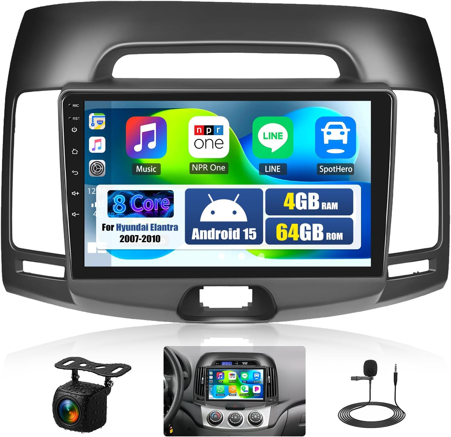 [8 Core 4G+64G] Car Radio for Hyundai Elantra 2007-2010 with Wireless Carplay Android Auto,9'' Touchscreen Android 15 Car Stereo with WiF/GPS Navigation,Bluetooth,FM/RDS,SWC+Backup Camera