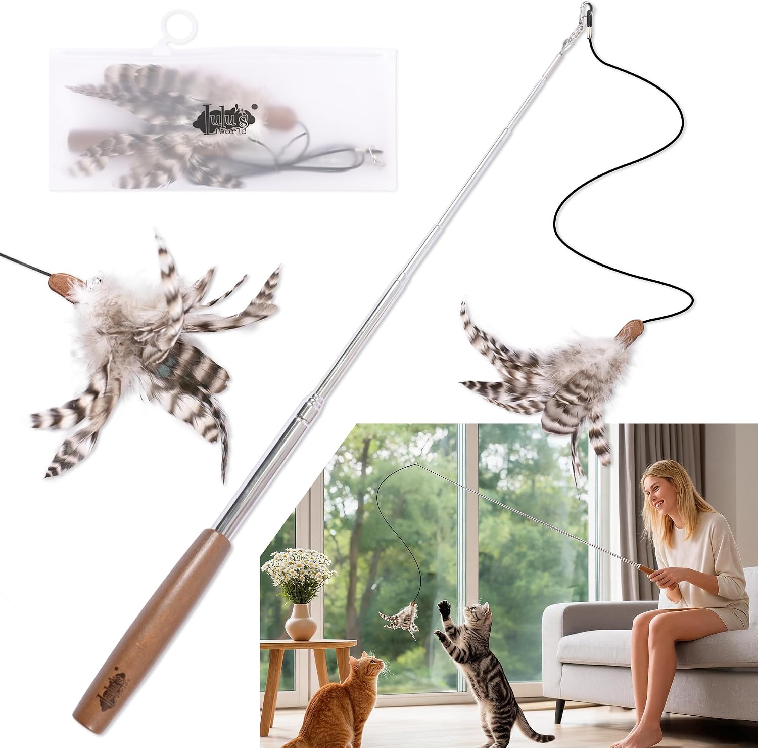 Lulu's World Retractable Cat Wand Toy 8.3"-46" Telescopic Feather Teaser | Comfortable wooden handle,steel pole,storage bag,interactive pet exercise, chasing & pouncing toy,save space,durable model
