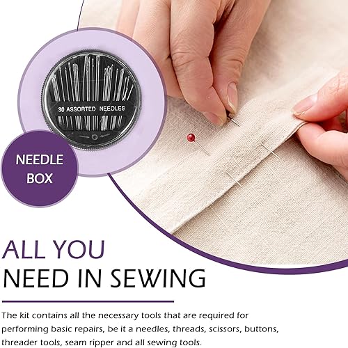 Miniatura 7 de Swpeet Kit de costura de 136 piezas con bolsa portátil, suministros y accesorios, 41 hilos de color, alfileres de perlas, agujas, tijeras, cinta