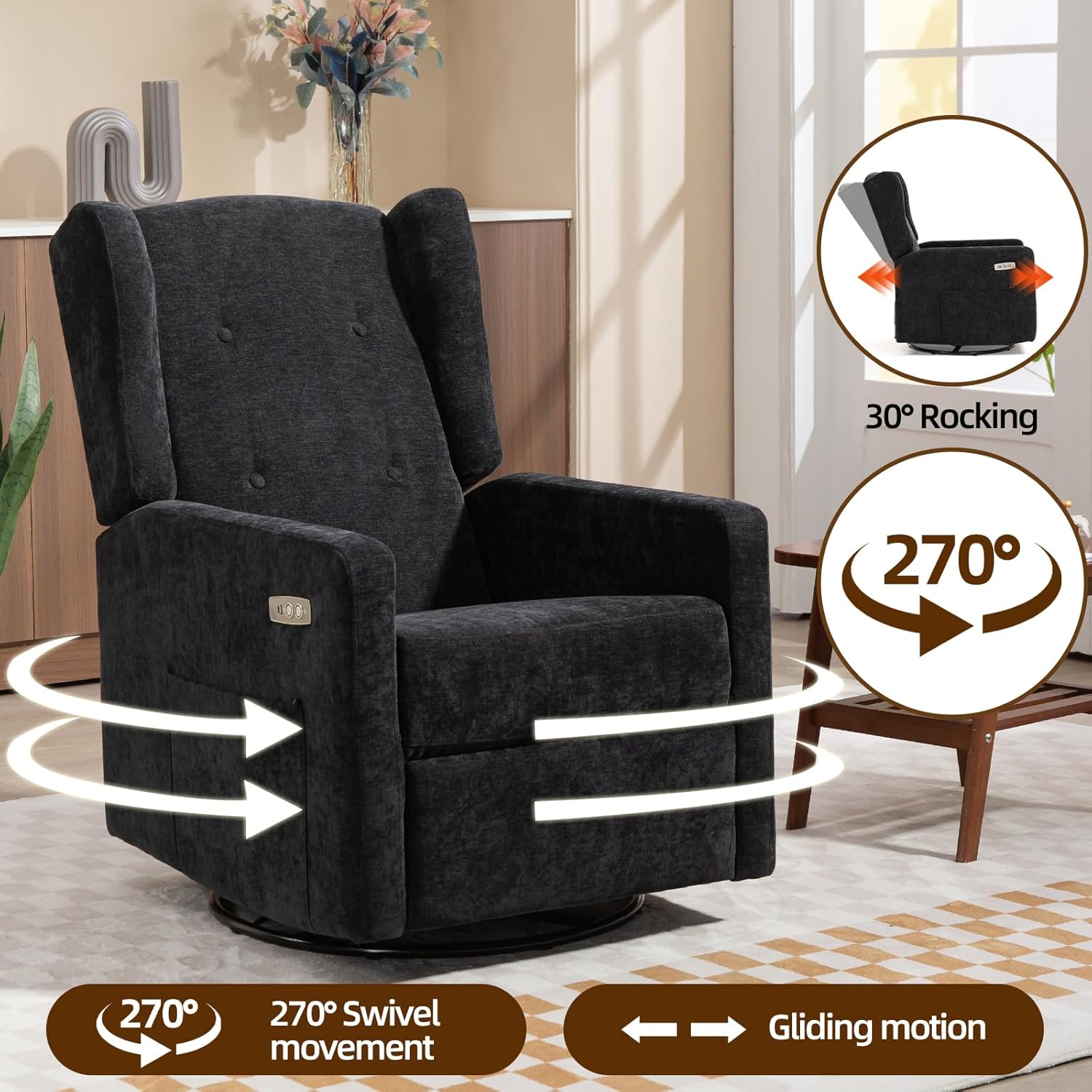Power Recliner Chair Set of 2 for Adults, Electric Nursery Rocking Glider Chair with USB and Type-C Ports, Chenille Wide Swivel Rocker for Living Room, Bedroom (Black)