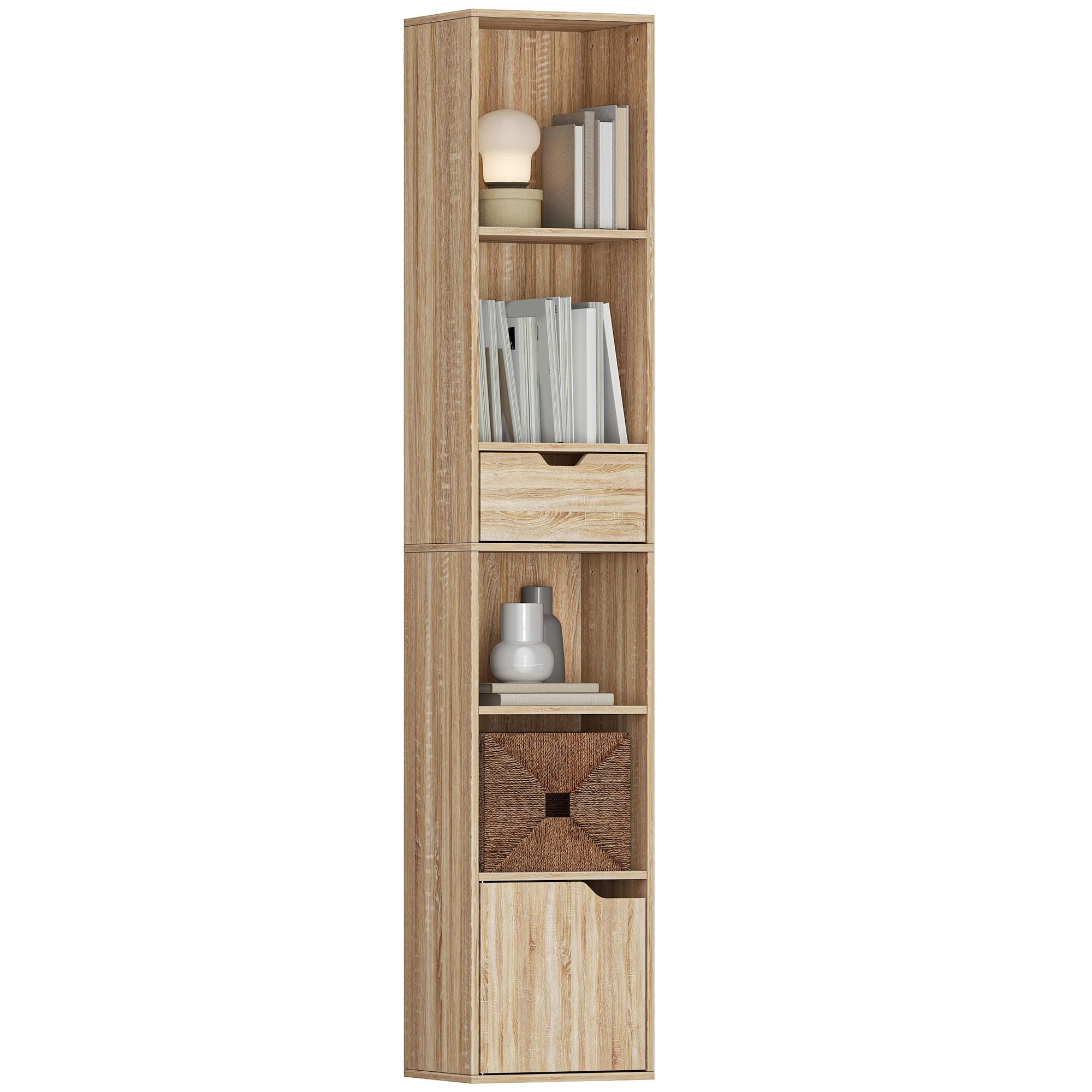 HOMCOM 6-Tier Bookcase SlimDrawer Door 30 x 24 x 158 cm Natural Wood Finish