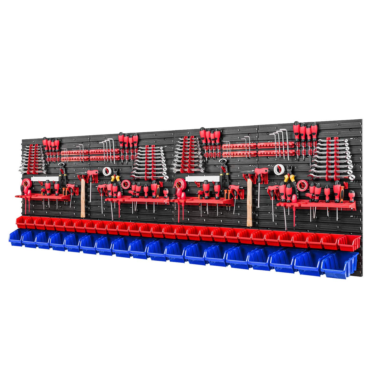 Werkzeugwand Stapelboxen - 2304 x 780 mm - Lagersystem SET Werkzeughaltern und 46 Rot/Blau Boxen - Wandregal Werkstattregal Lochwand Schüttenregal Sichtlagerkästen