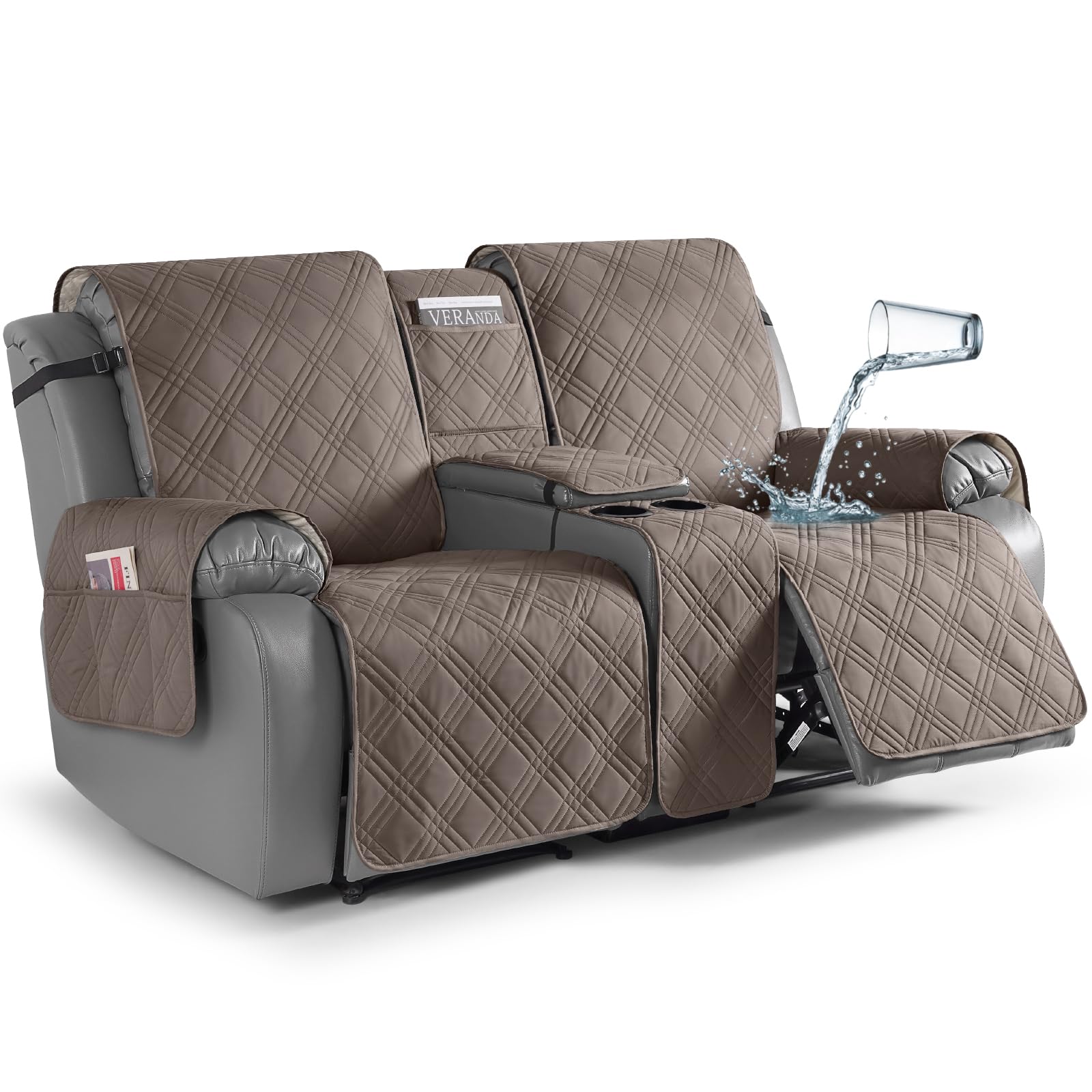 TAOCOCO Waterproof Loveseat Recliner Cover with Console, Non-Slip Reclining Loveseat with Console Cover with Pocket, Split Recliner Sofa Covers
