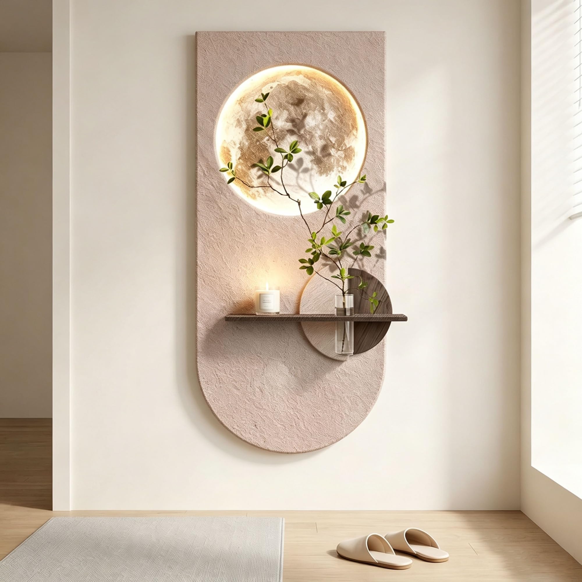 YDAECKRYVB Wandskulpturen 3d mit led,Moderne beleuchtetes wandbild,Wandbilder aus sandstein inkl vase und kunstpflanzen für wohnzimmer, eingang, flur,mondlampe