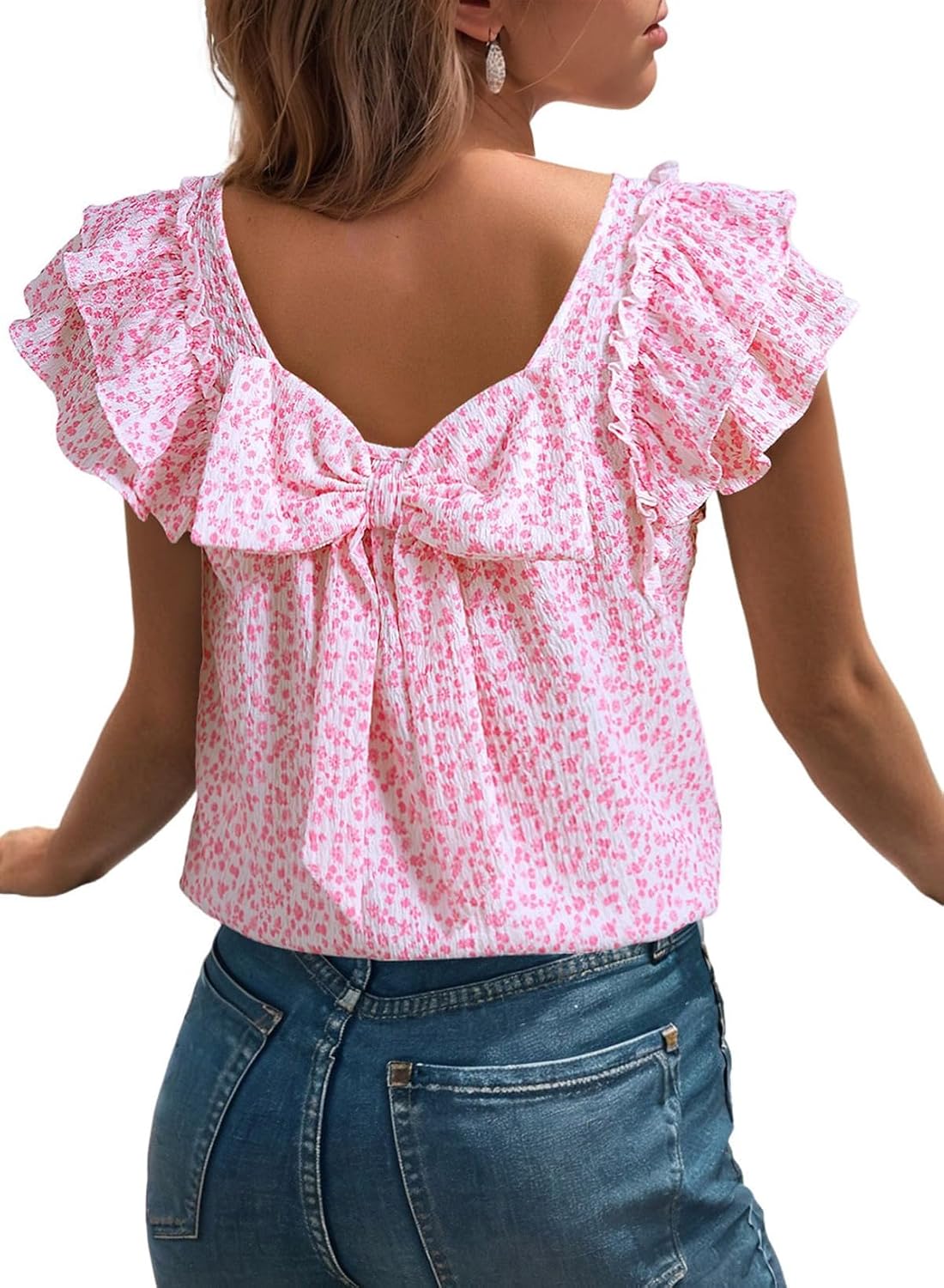 Dokotoo Womens Tops Casual Square Neck Bow Tie Back Blouse Ruffle Butterfly Sleeve Babydoll Textured Shirt