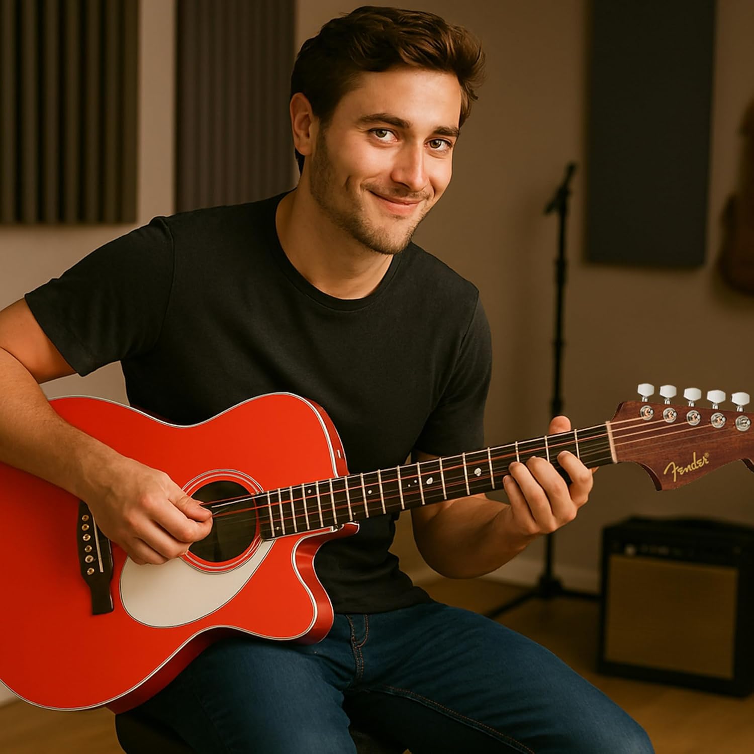 Fender California Standard Redondo CE Acoustic-Electric Guitar - Fiesta Red Bundle with Case, Tuner, Strap, Strings, String Winder, Picks, and Austin Bazaar Instructional DVD