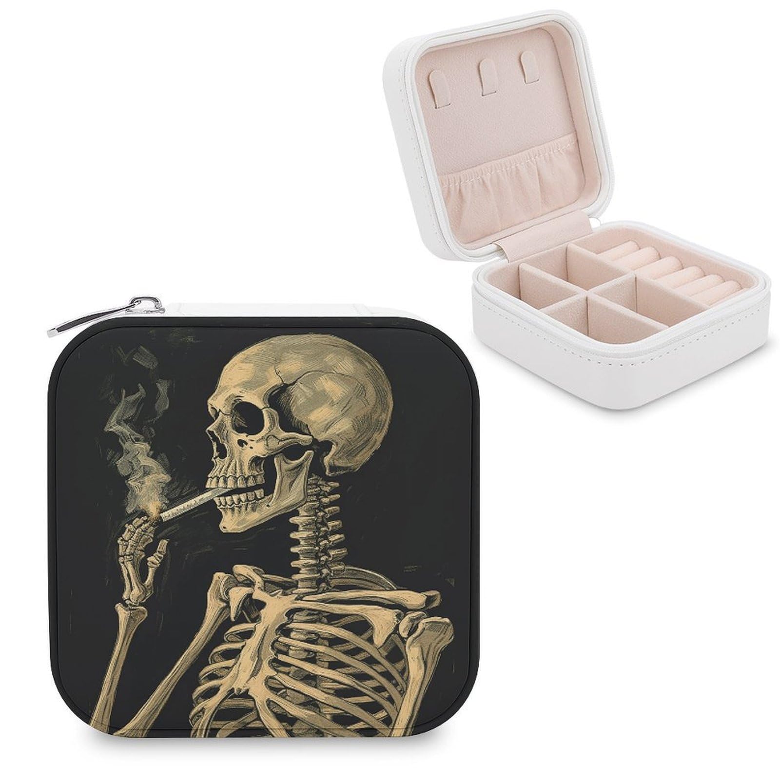 FekiLoot A Skeleton with Burning Cigarette Jewelry Case Personalized Leather Jewelry Box Mini Travel Jewelry Case Small Portable Jewelry Organizer for Ring Earrings Necklace Bracelet
