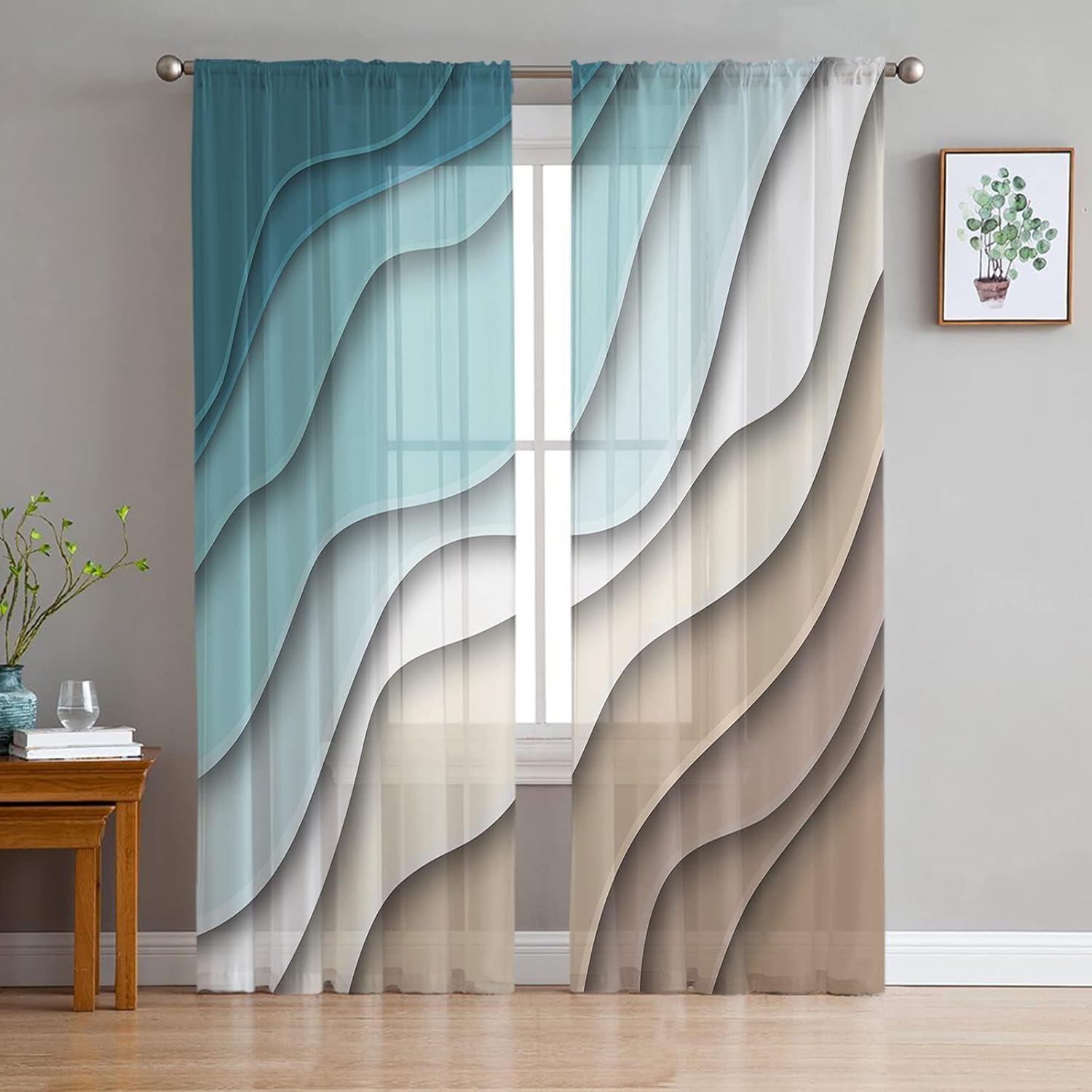 Teal Curtains 63 Inch Length 2 Panels Set, Ombre Teal and Brown Sheer Curtains Rod Pocket Kitchen Curtain Drapes Privacy 52 W x 63 L x2