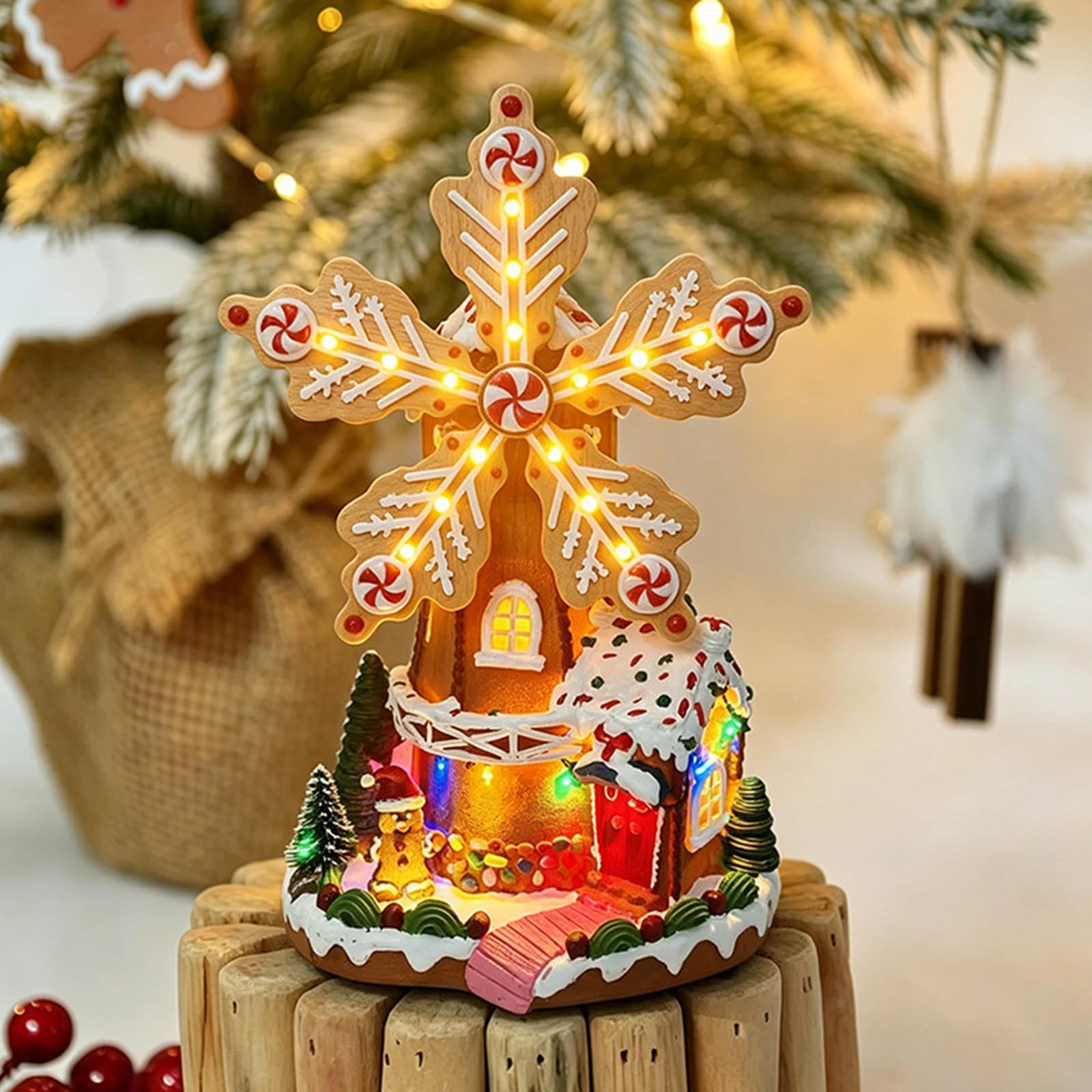 PANGBOER Decoración navideña de Candy House con diseño de Molino de Iluminado, decoración de navideña para repisa, Escritorio, Estante y Centro de de Fiesta Decoración Festiva con diseño de de