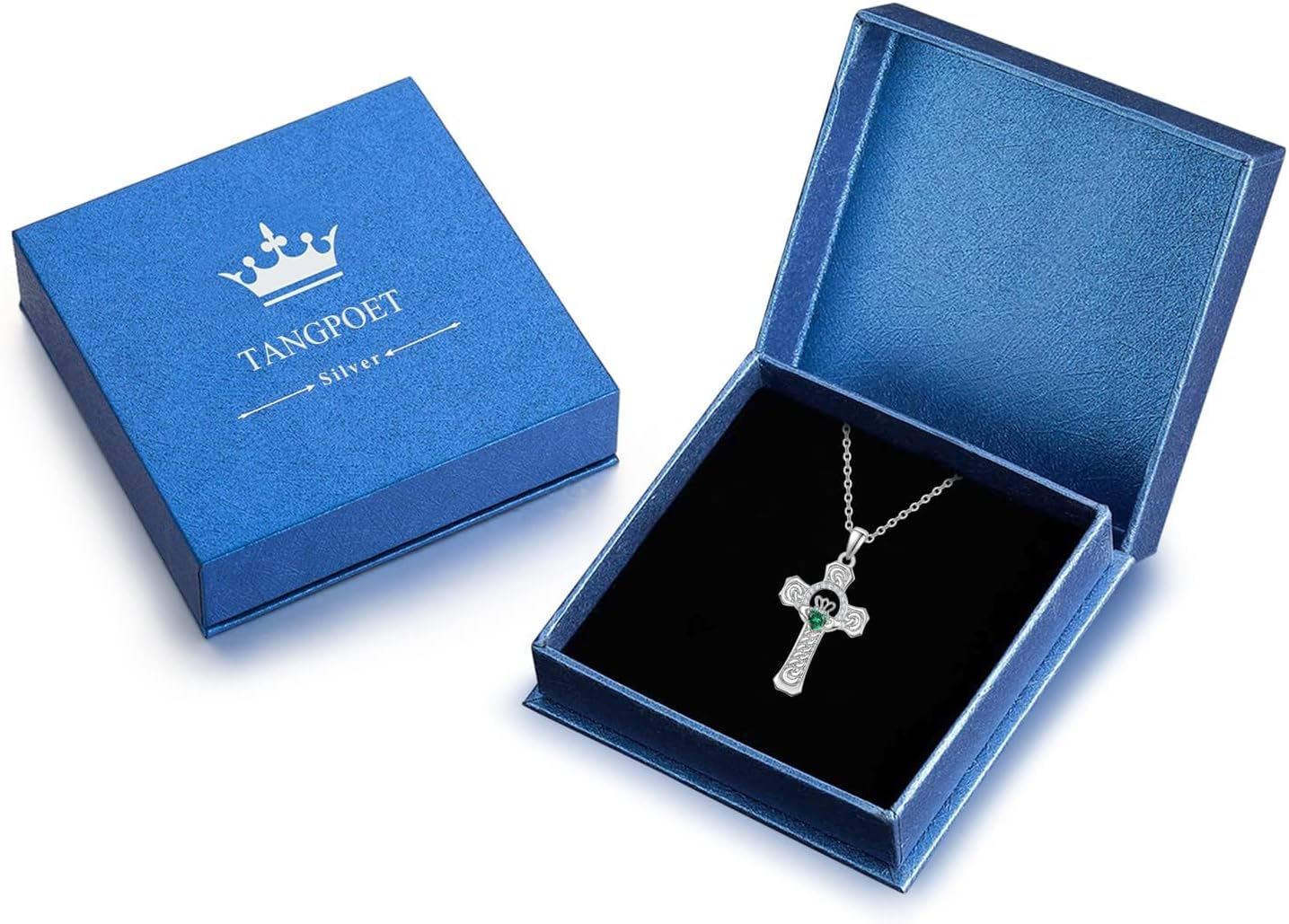 TANGPOET Claddagh Cross Necklace for Women 925 Sterling Silver Celtic Cross Pendant Irish Jewelry with Emerald Green Stone Gifts for Her Birthday Baptism with 18"+2" Chain - Image 7