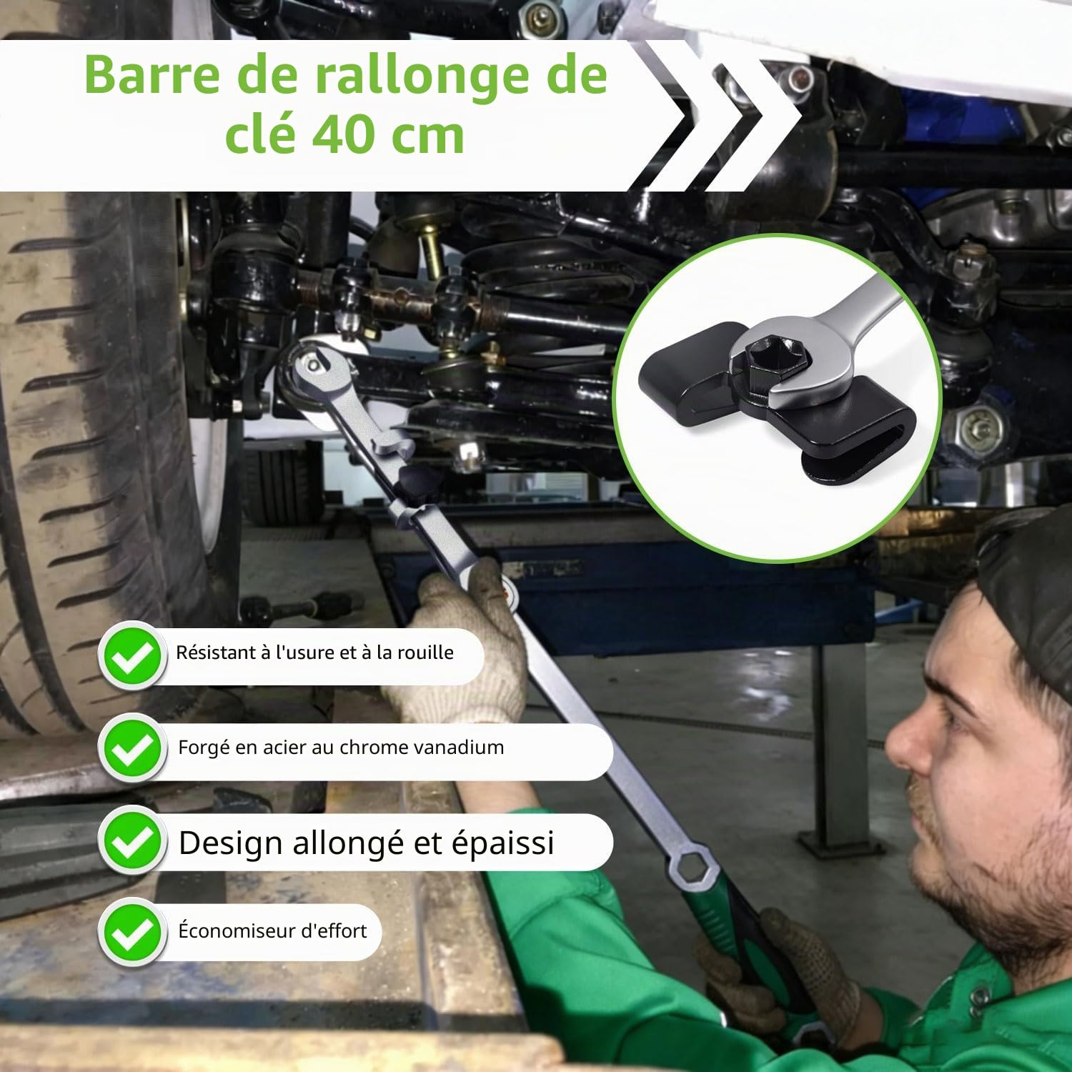 Prolongateur de Clé de 40 cm avec Adaptateur de 1/2 Pouce, compatible avec Clés à Double Fonction/à Bouche/à Cliquet pour Réparation Automobile, Maintenance d’Équipements, Bricolage Domestique