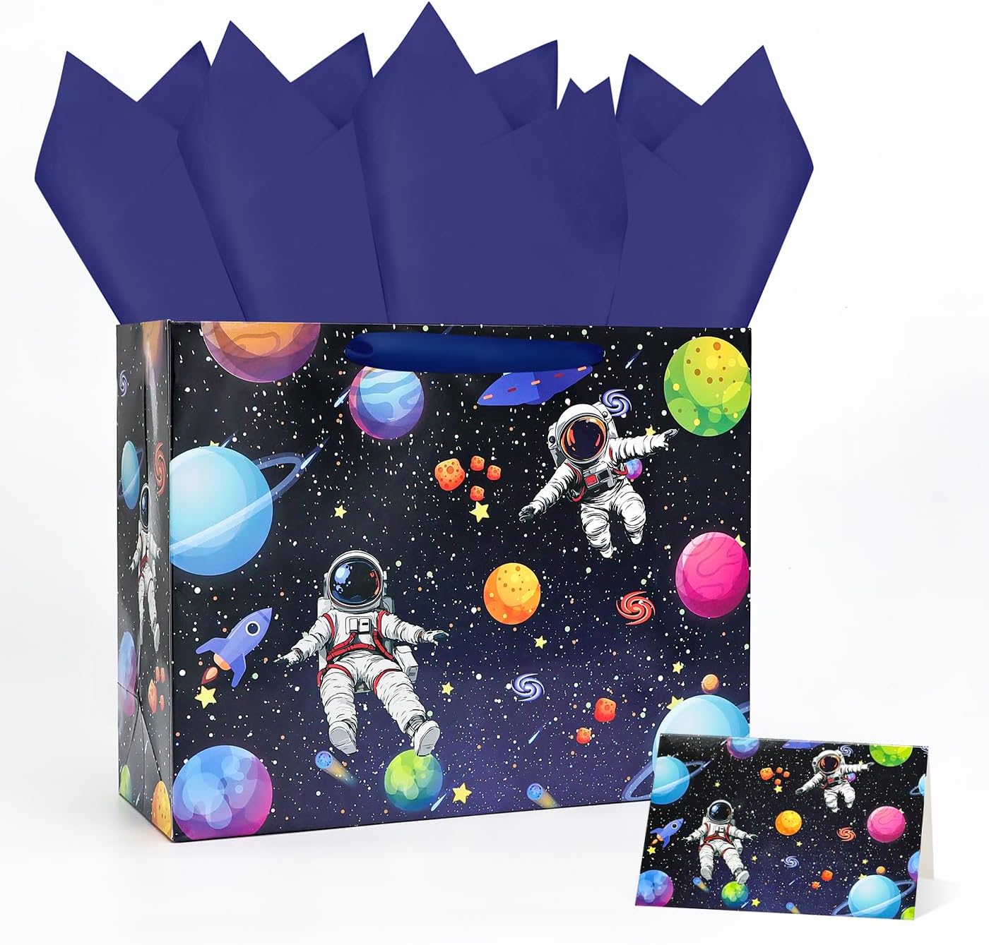 MUNILAIL 13 Inches Space Gift Bag Large Gift Bag with Handle Tissue Paper and Greeting Card for Boys Girls Birthday Outer Space Themed Party Large Paper Gift Bag