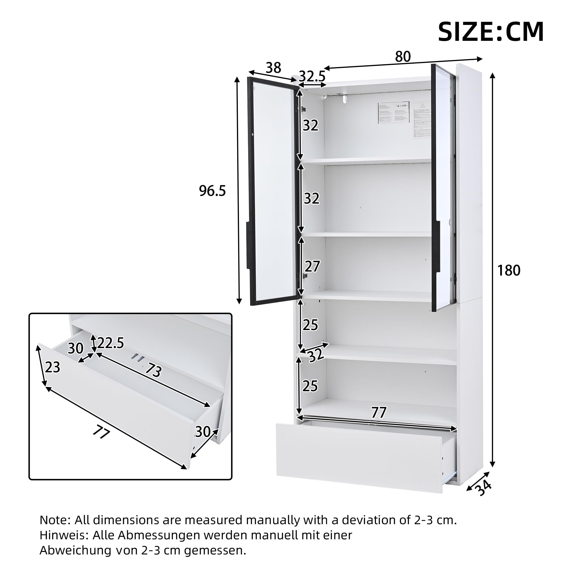 Witryna 80 x 34 x 180 cm, wysoka szafka z 1 szufladą i szklanymi drzwiami, wysoka szafka szklana z diodami LED i otwartą partycją, regał stojący, szafka, witryna, szafa do salonu ze szklanymi drzwiami