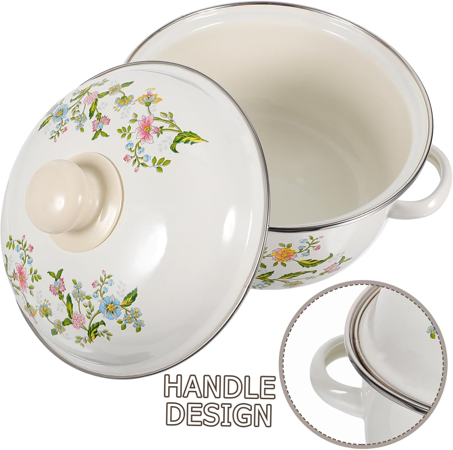 Zerodeko Vintage Enamel Stock Pot with Lid, 3pcs Retro Flower Soup Pot Stew Bean Cooking s Flat Bottom Stew Pasta Noodle with Dural Handle for Home Kitchen