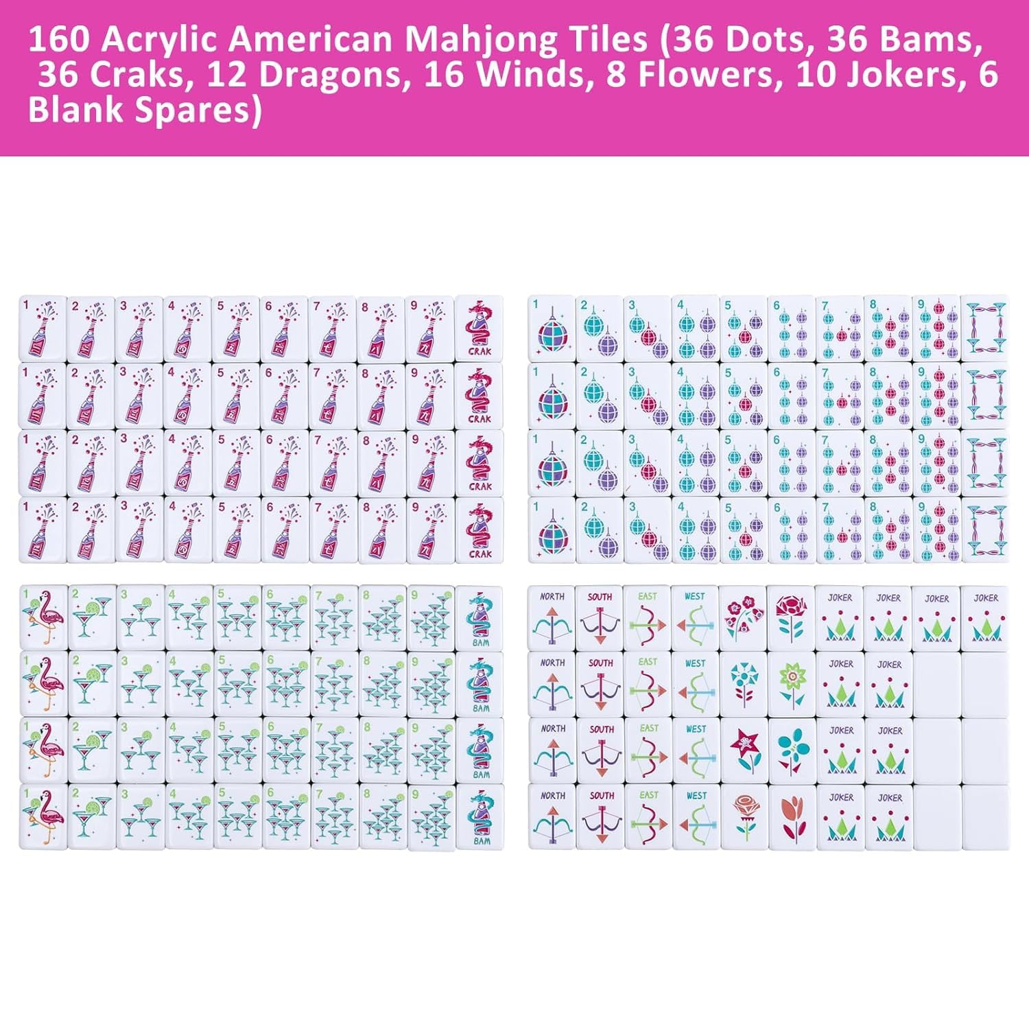 Zestaw płytek mahjong, 4 warstwy 160 akrylowych płytek mahjong Premium American Heritage, przenośna gra podróżna, do gry w mahjong, wieczory gier