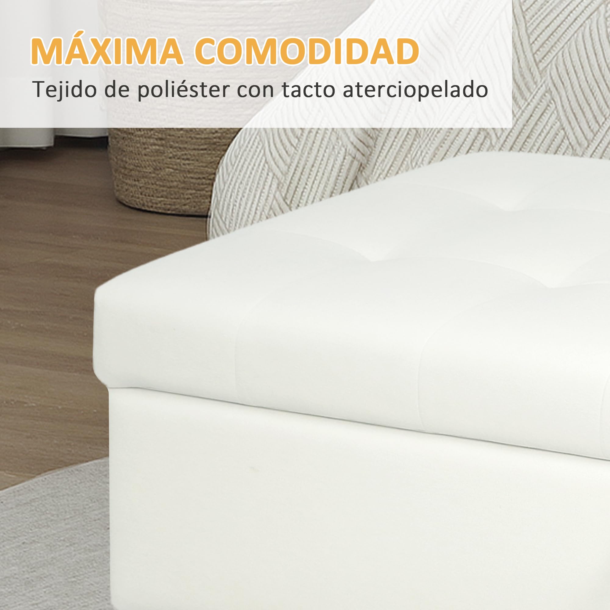 HOMCOM Puff Almacenaje Baúl Tapizado de Terciopelo 100x50x43 cm con Patas de Madera Capacidad 71L Soporta 240 kg Banco Almacenaje para Dormitorio Pasillo Salón Blanco Crema