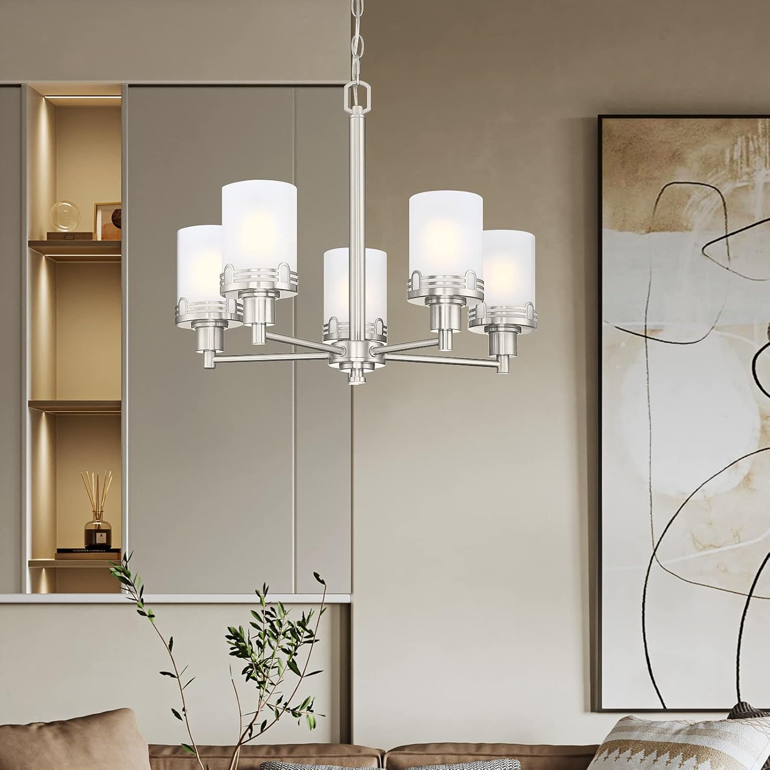 Doraimi Lighting 5 Light Fashion Kitchen Island Frosted Glass Shade+Hollow Metal Shade Chandelier Light Fixture,Brushed Nickel Finish Dining Room Living Room Corridor Bedroom