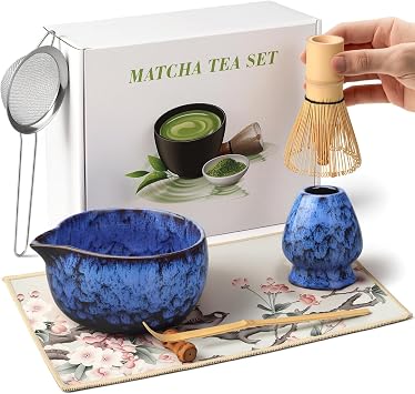 Matcha Whisk Set 7 PCs Ceramic Japanese Matcha Bowl Kit Includes Matcha Bowl, Matcha Whisk and Holder, Bamboo Scoop, Scoop Rest, Sifter, Tea Towel - Traditional Matcha Starter Set for Matcha Lovers