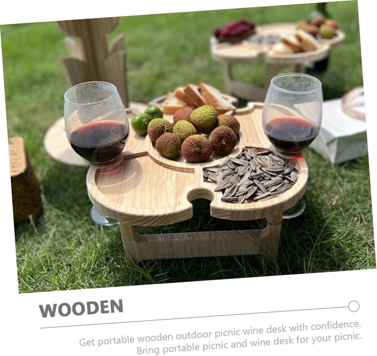 Angoily Portable Wooden Folding Wine Table Outdoor Picnic Beverage Holder 35cm Diameter Floor Table for Beach Camping BBQ and Travel