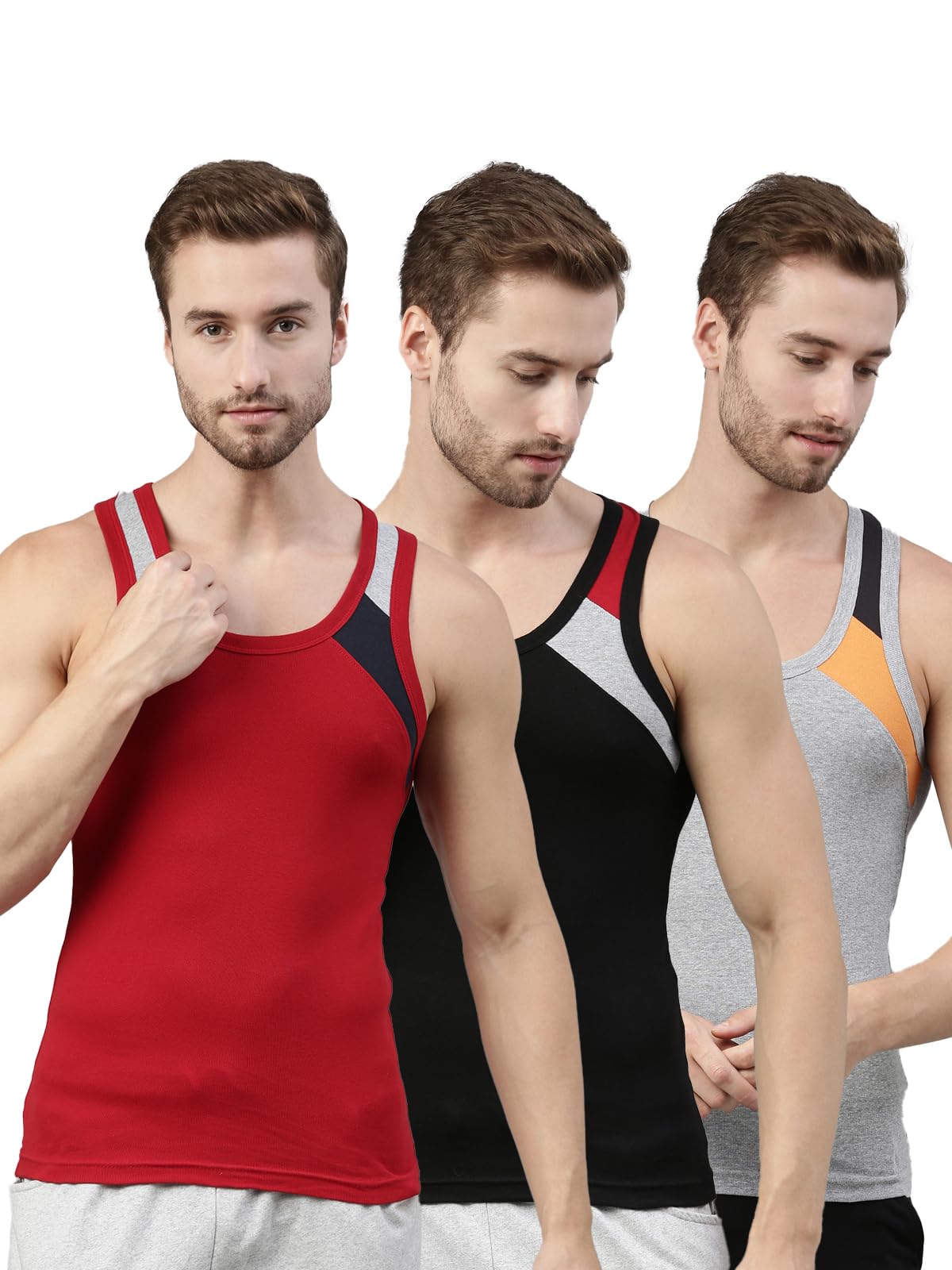 dixcy scott originals Men's Cut & Sew Color Block On Shoulder Durable & Comfortable Squared Neck Sleeveless Tank Fit 100% Combed Cotton Gym Vest Innerwear (Pack of 3) Colour/Print May be Vary-picture-17