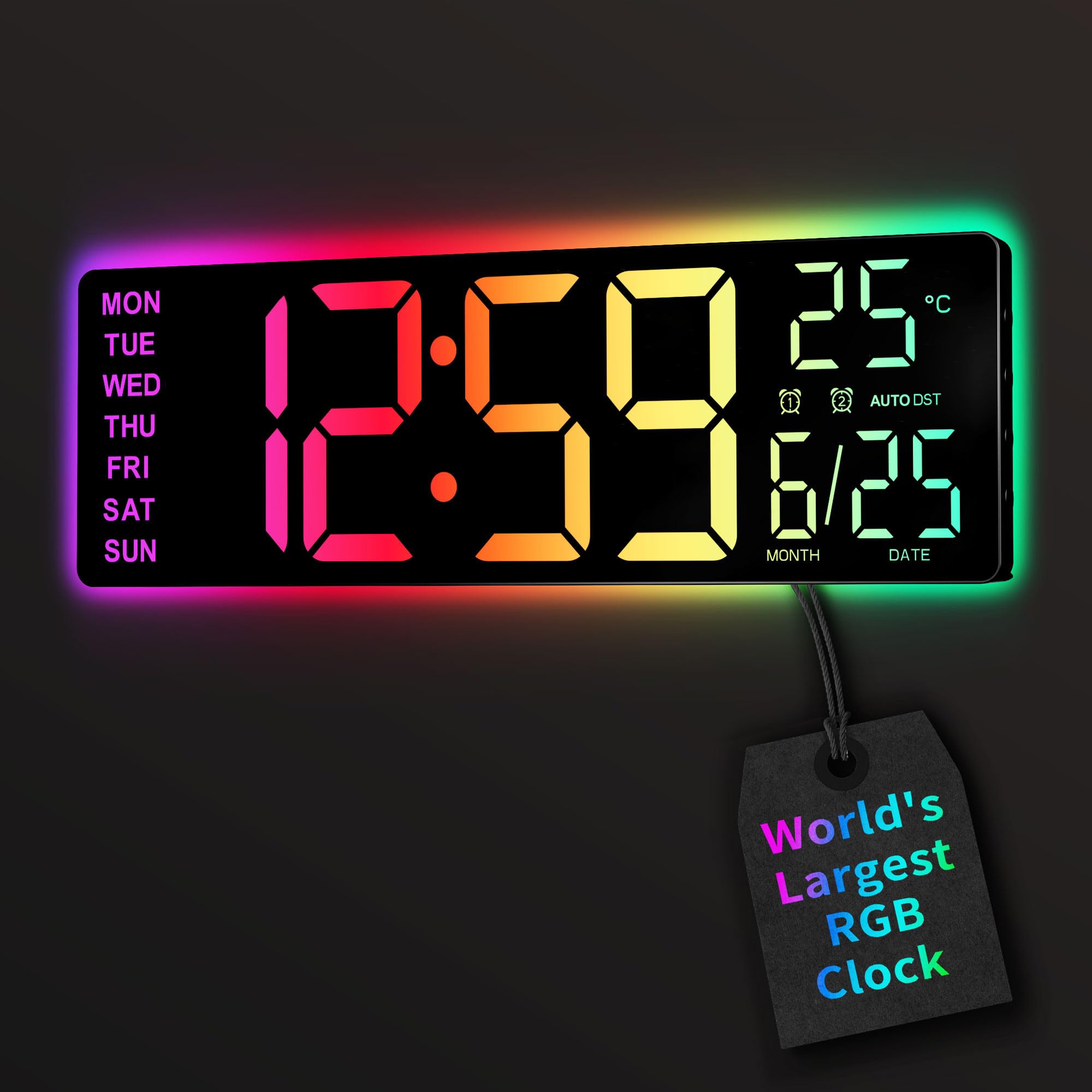 Digital Wall Clock 16.5", Auto Time Sync, Auto DST, LED 11 RGB Lights