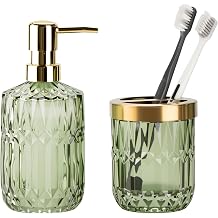 Glass Bathroom Accessories Set, 2PCS Clear Glass Bathroom Accessory, Toothbrush Holder and Soap Dispenser Set for Modern Bathroom DecorGreen