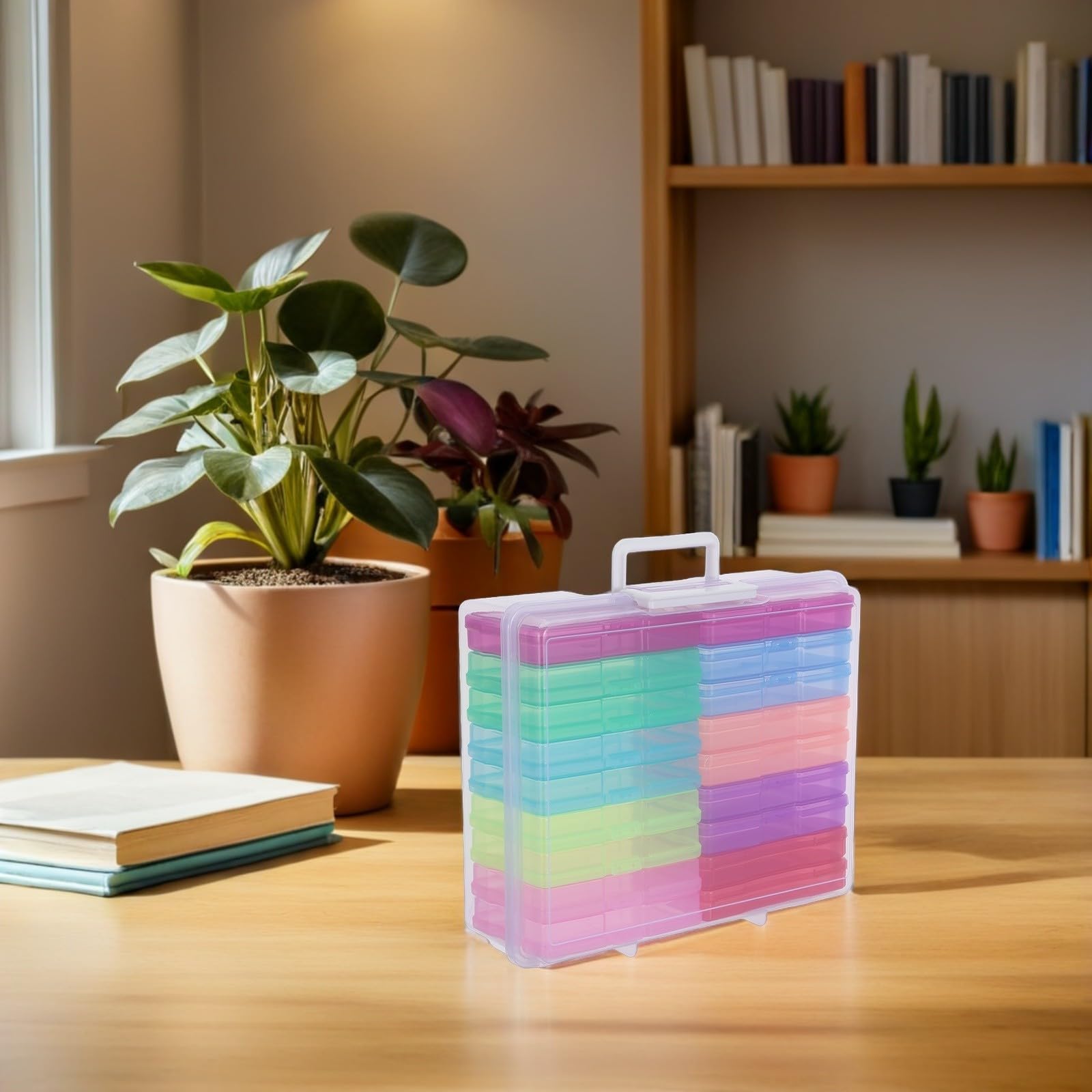 Generisch Transparente Fotoaufbewahrungsbox aus Kunststoff mit 18 Farbigen Innentaschen und Griff Leichter Organizer für Karten und Bastelbedarf für Zuhause und Büro