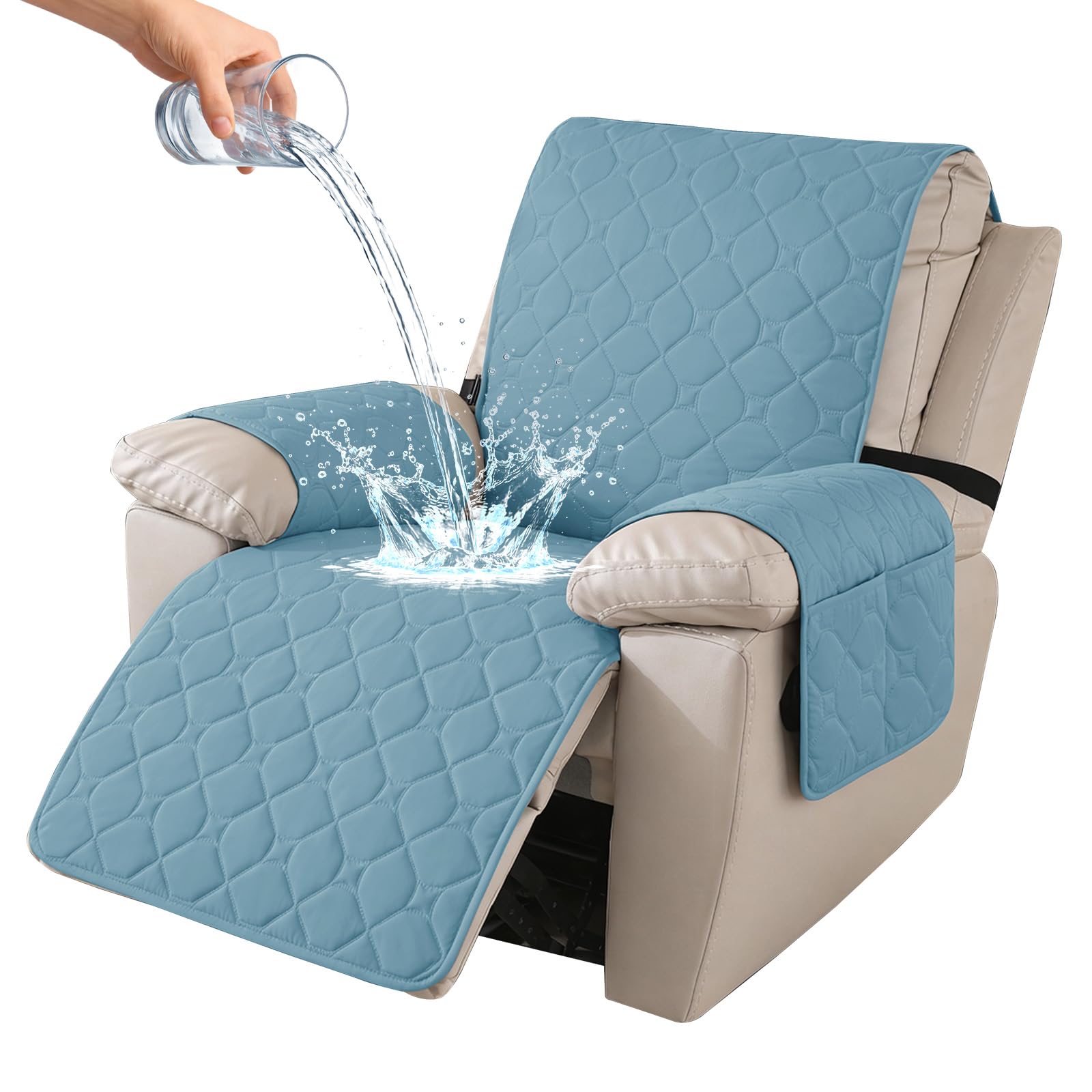 Ystyle Sesselschoner für Fernsehsessel, 100% Wasserdicht 1 Sitzer Sesselschoner mit Taschen Armlehne, rutschfest Sesselauflage Relaxsessel Anti-Rutsch WaschmaschinenfestAquablau