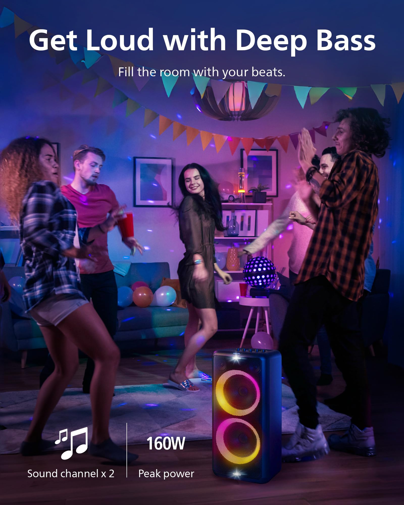 Philips X5206 bluetooth party speaker, portable with wheels, exciting light show, karaoke machine with microphone and Guitar Input, powerful bass & subwoofer, long playtime, perfect for outdoor events
