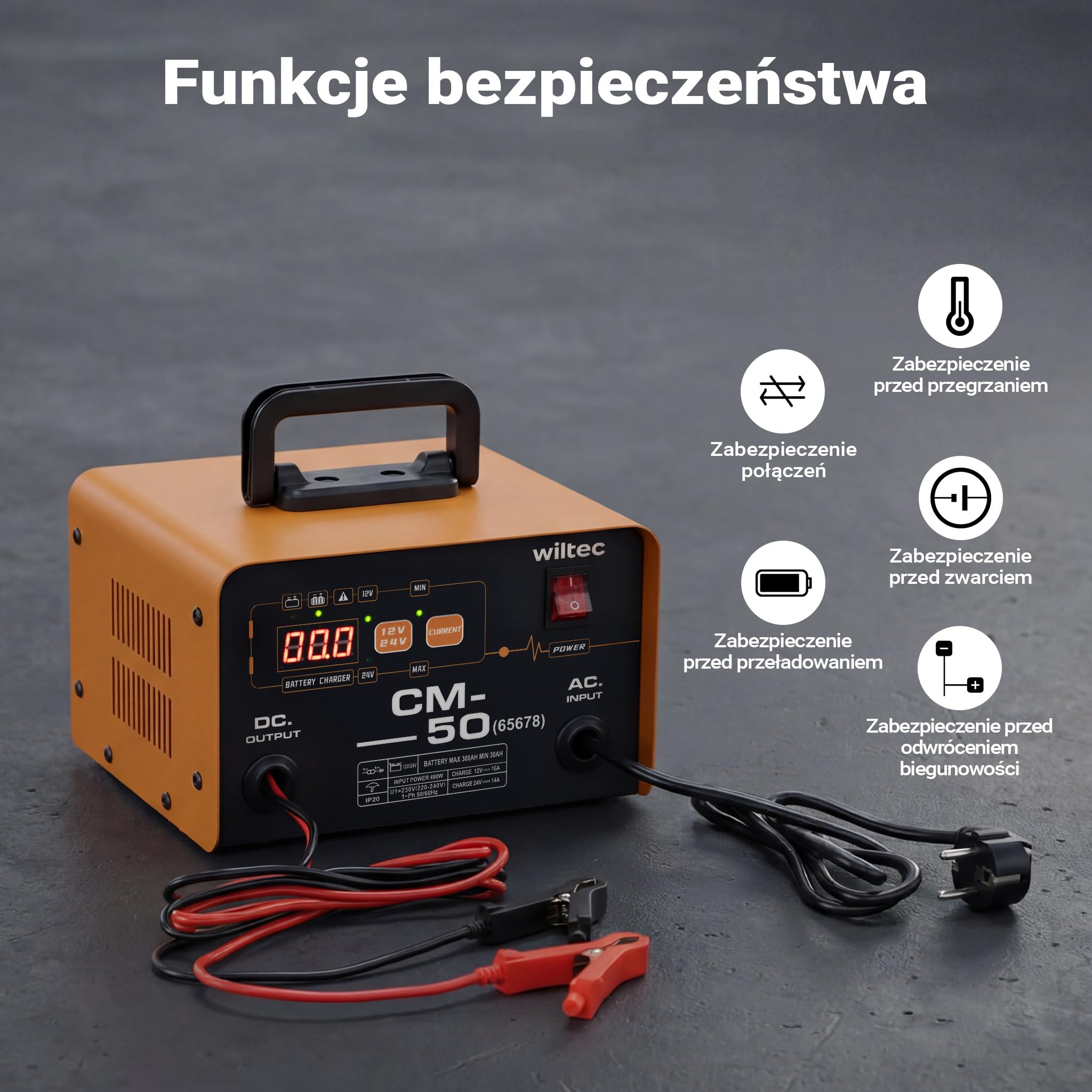 Wiltec Prostownik do auta 12-24 V, 16 Ah, 30-300 Ah do akumulatorów samochodowych i motocyklowych, rozruch 490 W, inteligentna ładowarka z wyświetlaczem LCD i uchwytem