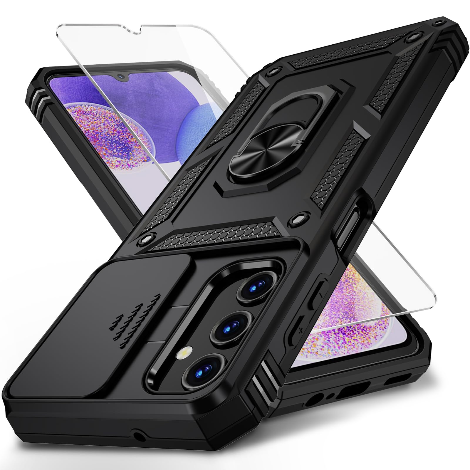 Vinve for Samsung Galaxy A13 5G Case, Slide Camera Cover，HD Screen Protector，Military Grade Magnetic Ring Holder Shockproof Kickstand Protective Case,
