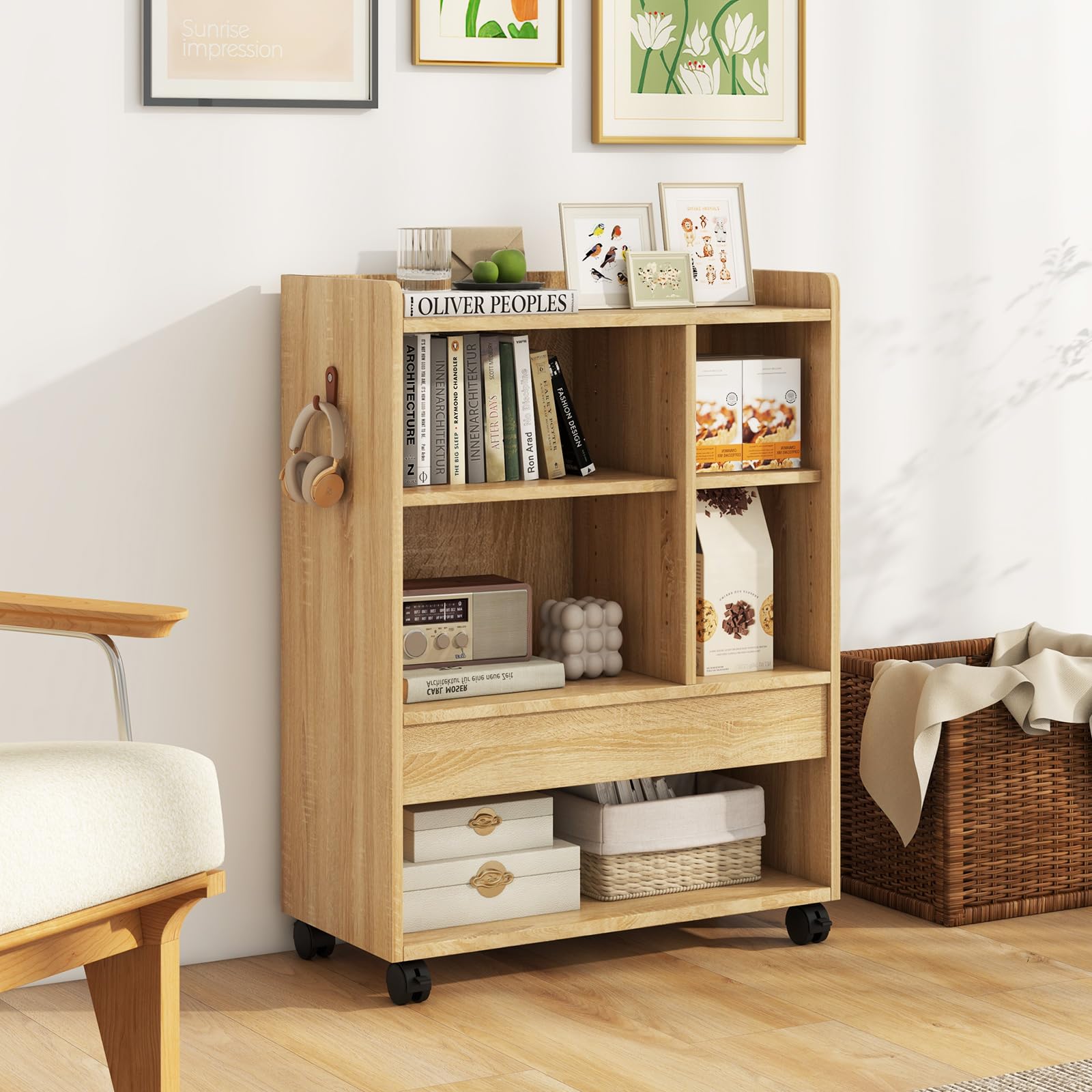 Cassettiera con anta 4 cassetti 2 ripiani per bagno camera da letto