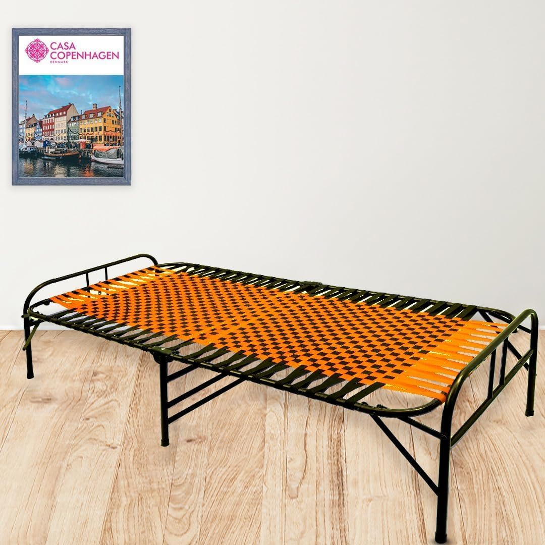 Casa Copenhagen, Portable Single Folding Bed Heavy Duty Metal Cot Khat for Sleeping Bed Space Saving Design Sturdy Synthetic Niwar feet - Orange & Jet Black-image-24