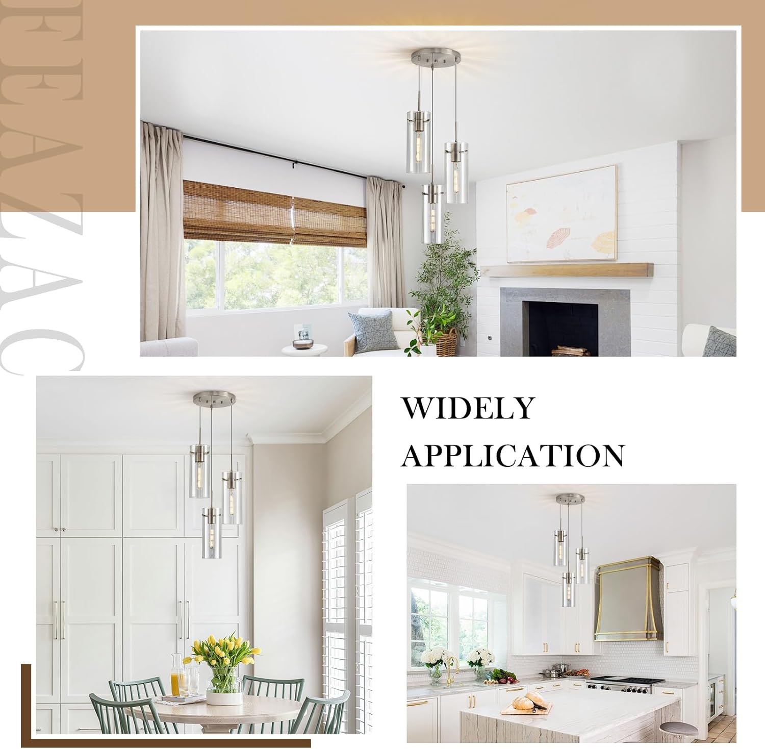 Modern Cluster Pendant Lights, Brushed Nickel Cluster Chandelier with Clear Ribbed Glass, 3 Light Pendant Lighting for Kitchen Island, Staircase, Dining Room, Living Room
