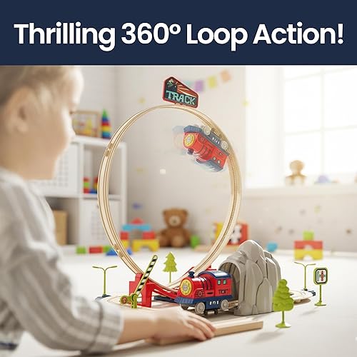 Miniatura 4 de Juego de tren eléctrico para niños de 2 a 4 años de 3 a 5 años - Estación de tren con bucle, puente y letreros - Juguete educativo Montessori de