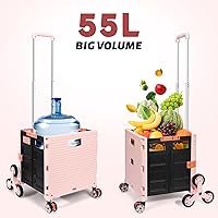 Vista 133 de FELICON SELORSS - Carrito plegable portátil con ruedas para subir escaleras y ruedas giratorias de 360°, mango telescópico, caja de plástico