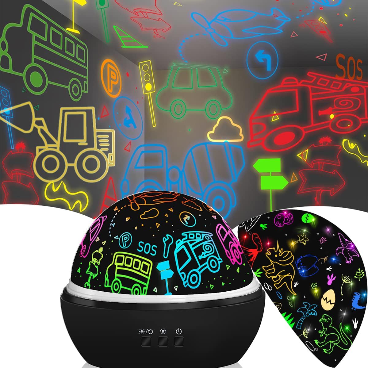 MINGKIDS Cars Trucks Night Light Projector and Dinosaurs Kids Light with 360 Degree Rotation - 4 LED Bulbs 9 Light Color Changing with USB Cable,Dinosaur Toys Gifts for Boys Girls
