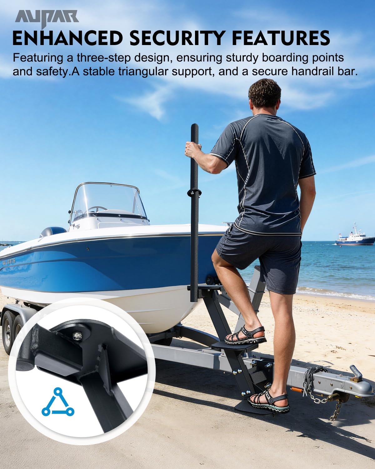 Escalones de remolque de barco, escalones de lengüeta de remolque resistentes con asa, ajuste universal para 3 x 3 pulgadas, 4 x 4 pulgadas y 3 x 5 pulgadas (3 escalones, banda de rodadura | Superficie antideslizante, capacidad de 450 libras