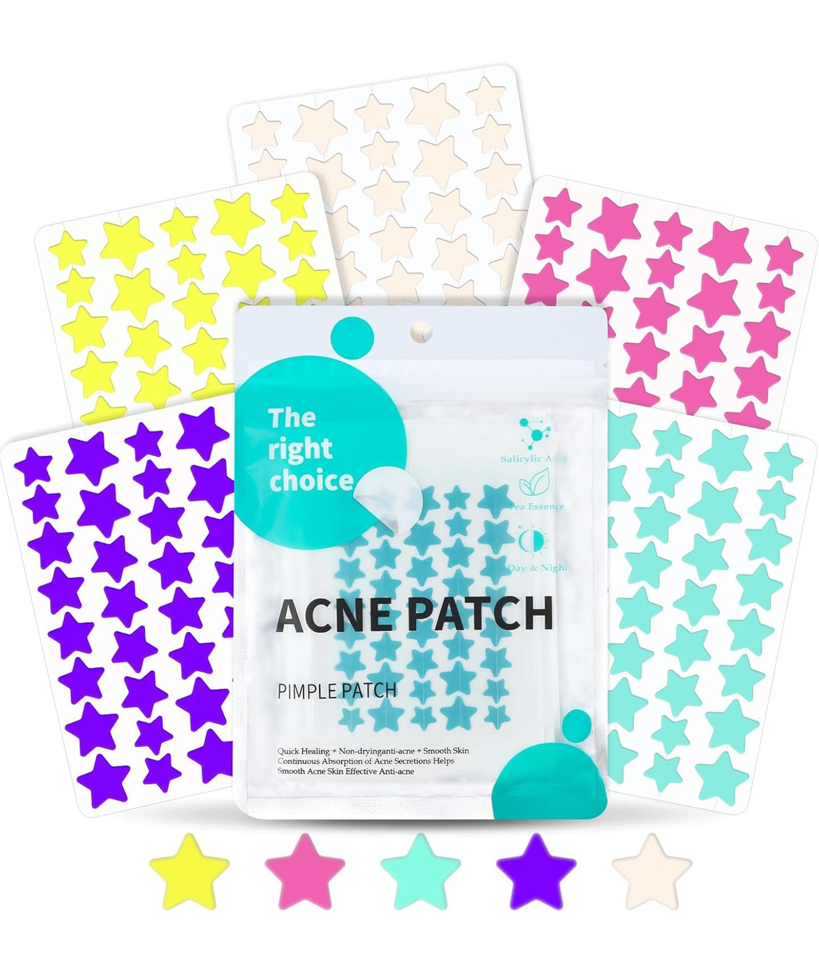 200PCS Star Pimple Patches, Pimple Patches, Acne Star Stickers in Five Colors, Travel-Friendly Blemish Care Solution, Pimple Patch Tape for Teens and Adults, Yellow Pink Blue Purple and Transparent-image-39