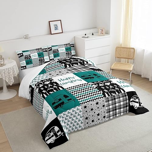 Miniatura 4 de Erosebridal Edredón de plumón para niños, juego de ropa de cama de campamento feliz, juego de edredón geométrico a cuadros de hoguera para niños,