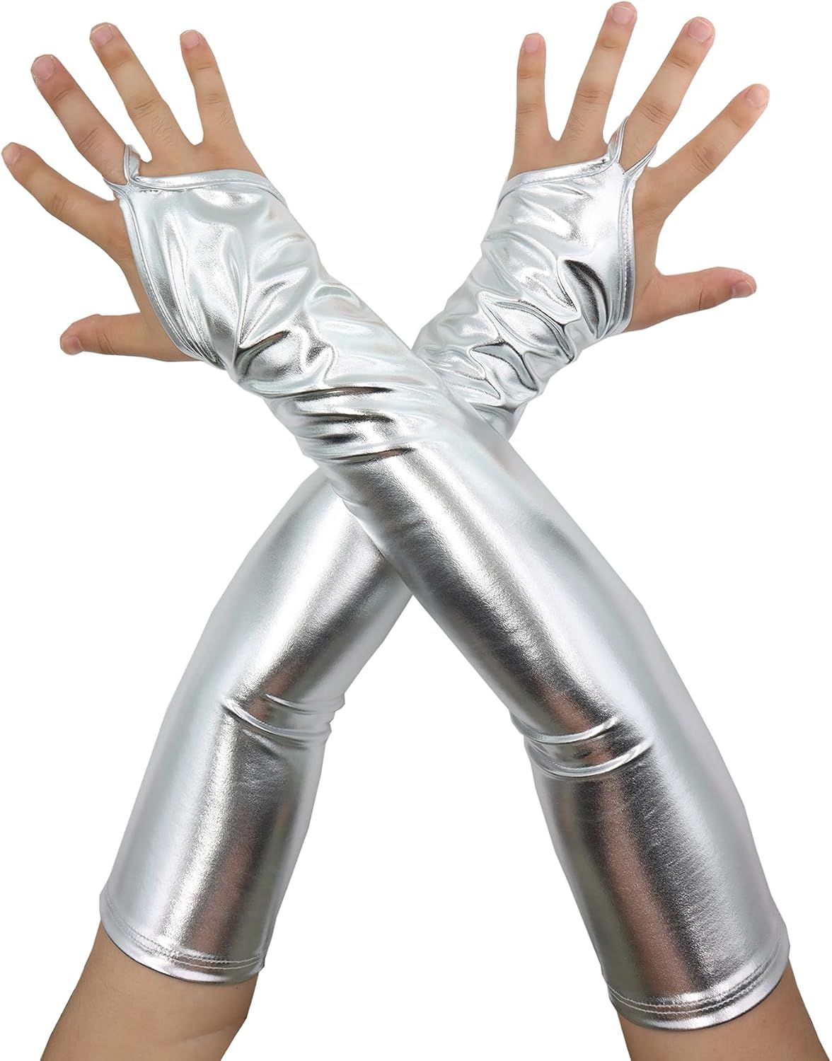 Men's and Women's Shiny Metallic Wet Look Holographic Fingerless Costume Gloves for Evening Party Cosplay Night Club
